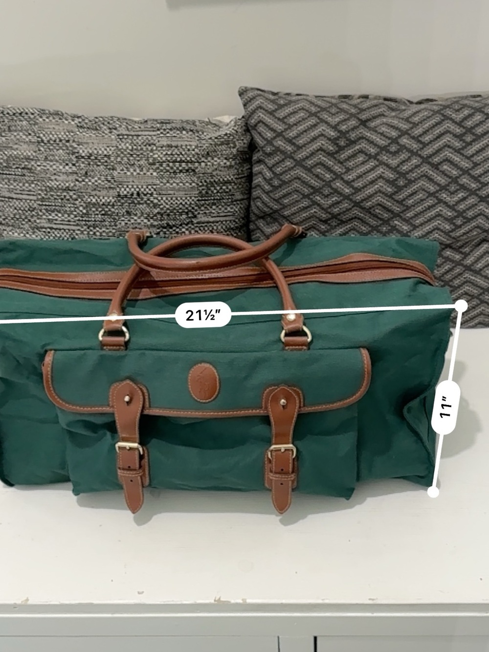 Vintage Polo Ralph Lauren Green Canvas Leather Weekender Duffel Bag - Picture 10 of 12